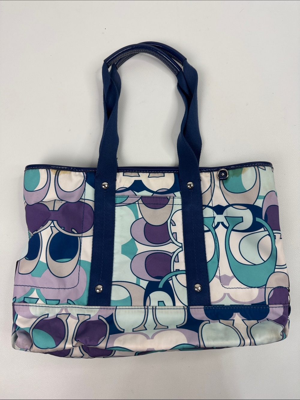 Coach Navy, Teal & Lavender Signature Print Tote bag
